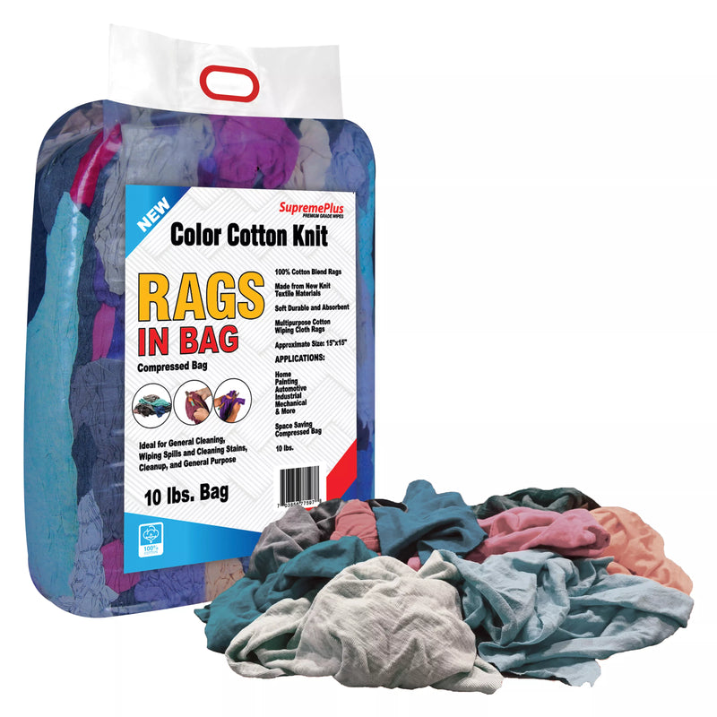 Multi-color washed T-shirt rags in a knit bag, 10 lbs from Wiping Hub, designed for cleaning and wiping use.
