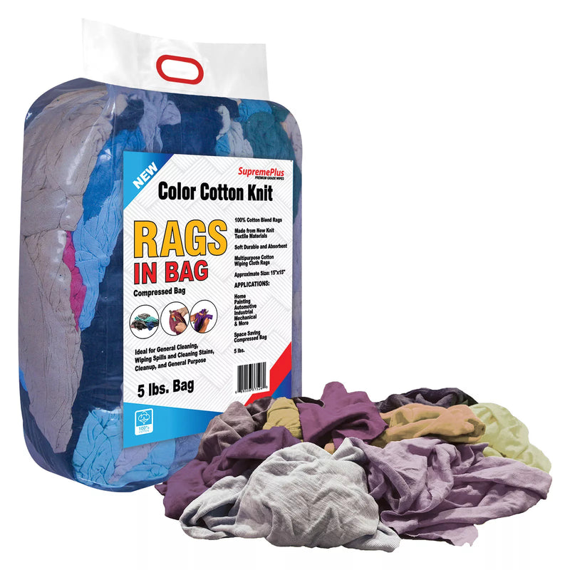 Multi-color washed T-shirt rags from Wiping Hub, 5-pound bag of reusable knit cleaning cloths with vibrant colors.