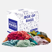 Multi-color washed T-shirt rags from Wiping Hub, 10lb box of soft, durable cleaning cloths with vibrant knit fabric.