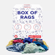 Multicolor washed T-shirt rags by Wiping Hub, soft, durable fabric for cleaning or polishing, shown in a box of 25 pounds.