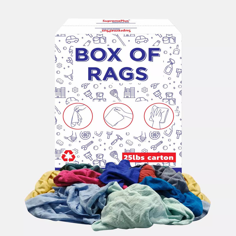 Multicolor washed T-shirt rags by Wiping Hub, soft, durable fabric for cleaning or polishing, shown in a box of 25 pounds.