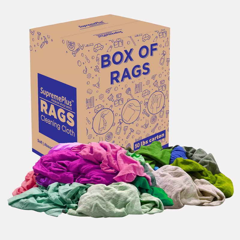 Multi-color washed T-shirt rags from Wiping Hub, 50lbs, soft, durable fabric ideal for cleaning and industrial use.
