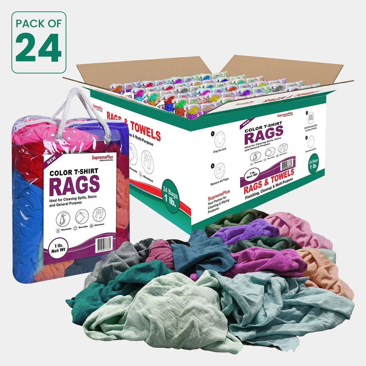 Multi Clean Rags New Multi-Color Knit T-Shirt Washed Rags - 1 lb. Bag - Pack of 24 ...