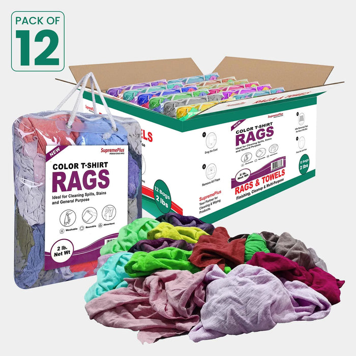 New Multi-Color Washed T-shirt Rags - 2 lbs. Bag - Pack of 12 - Wiping Hub