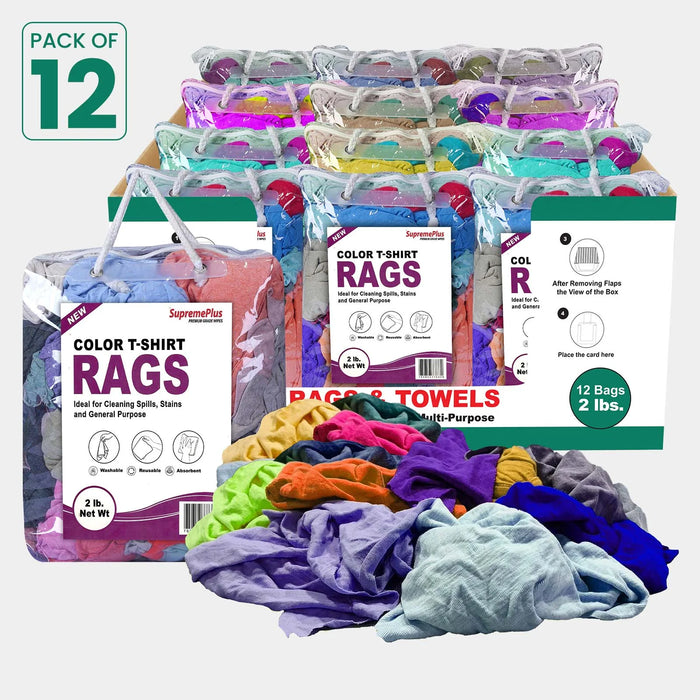 New Multi-Color Washed T-shirt Rags - 2 lbs. Bag - Pack of 12 - Wiping Hub