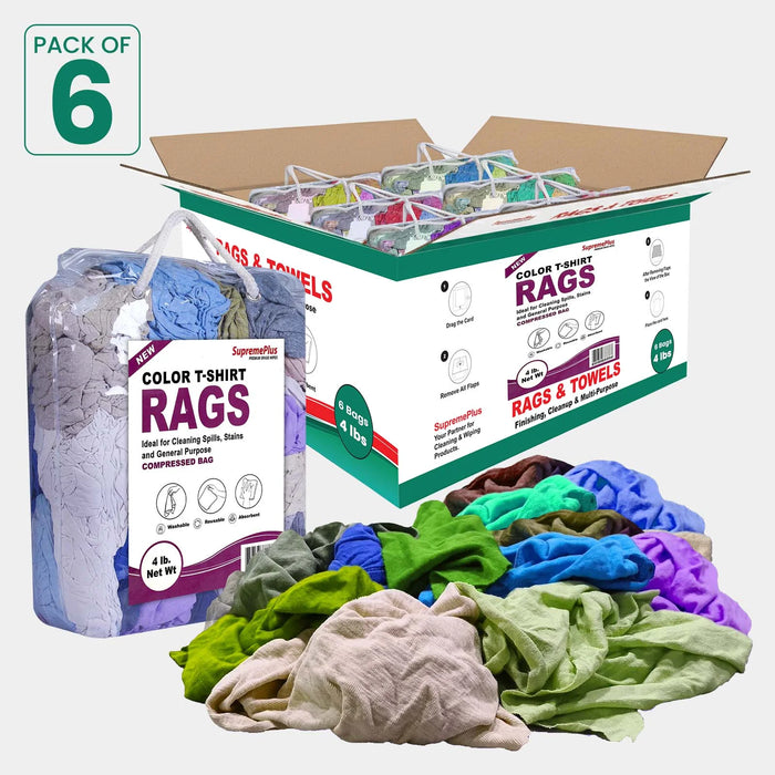 New Multi-Color Washed T-shirt Rags - 4 lbs. Bag  - Pack of 6 - Wiping Hub