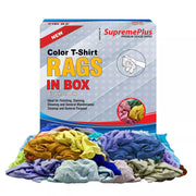 Multi-color washed T-shirt rags from Wiping Hub, 25 lbs, soft fabric, ideal for cleaning and industrial use.