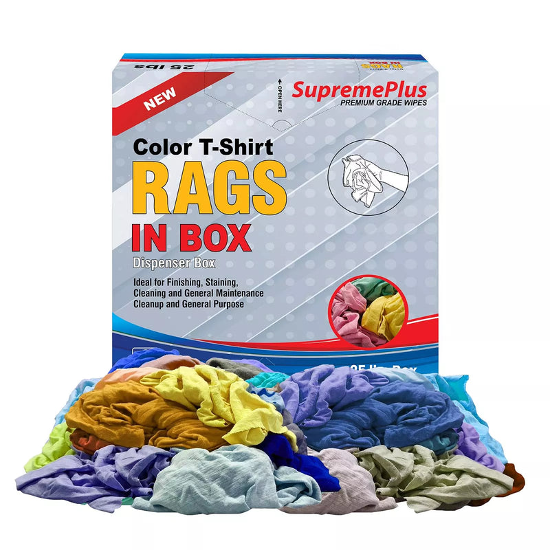 Multi-color washed T-shirt rags from Wiping Hub, 25 lbs, soft fabric, ideal for cleaning and industrial use.