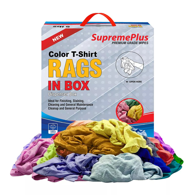 Multi-color washed T-shirt rags from Wiping Hub, 5 lbs, with soft, distressed fabric perfect for cleaning or DIY projects.