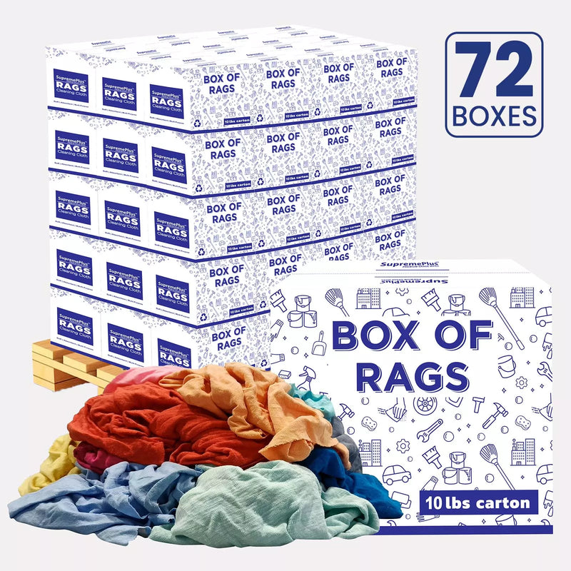 Multi-color washed T-shirt rags from Wiping Hub, shown in a pallet box, 10lbs, ideal for cleaning and industrial use.