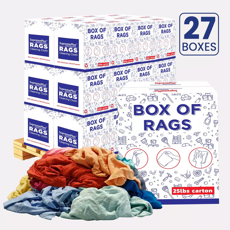 Multi-color washed T-shirt rags from Wiping Hub, 25lbs knit pallet box, ideal for cleaning and industrial use.