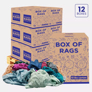 Multi-color washed T-shirt rags from Wiping Hub, showing a pallet box of 50 lbs of versatile, durable cleaning cloths.