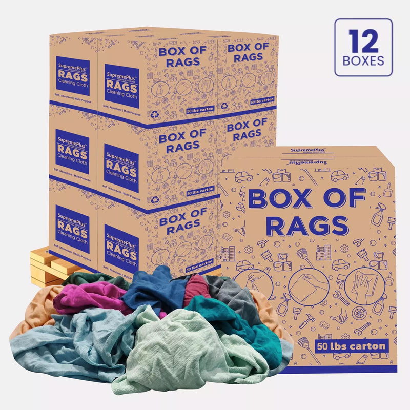 Multi-color washed T-shirt rags from Wiping Hub, showing a pallet box of 50 lbs of versatile, durable cleaning cloths.