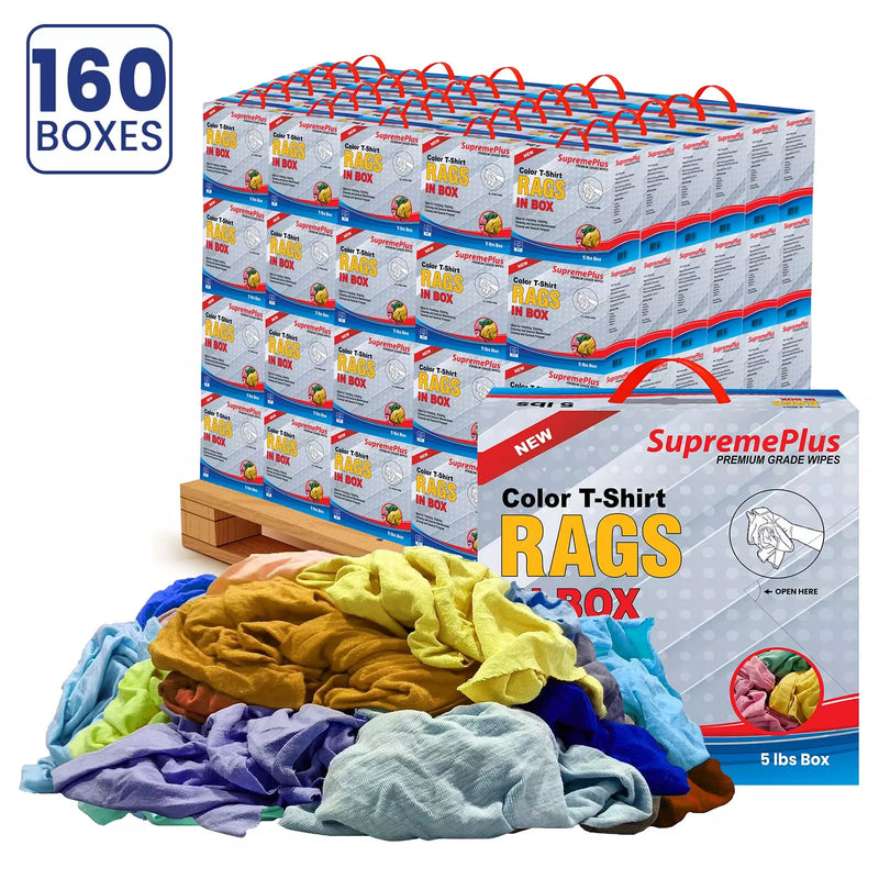 Multi-color washed T-shirt rags in a 5lb knit pallet from Wiping Hub, suitable for cleaning and industrial use