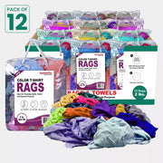 Multi-color washed T-shirt rags by Wiping Hub, soft knit fabric perfect for cleaning or rags in a carton.
