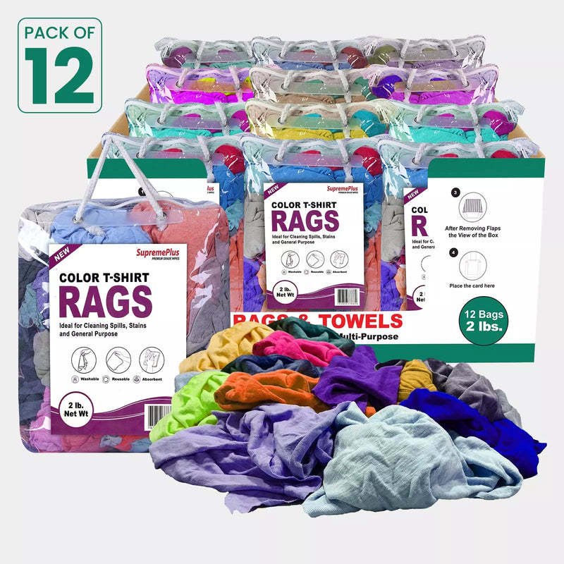 Multi-color washed T-shirt rags by Wiping Hub, soft knit fabric perfect for cleaning or rags in a carton.