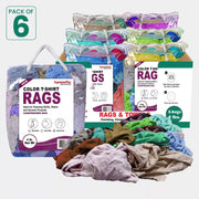 Multi-color washed T-shirt rags by Wiping Hub, soft knit fabric, stacked in polybags, suitable for cleaning and wiping tasks.