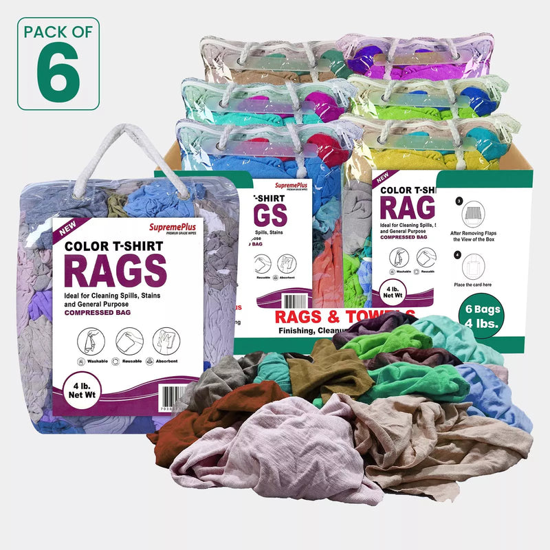 Multi-color washed T-shirt rags by Wiping Hub, soft knit fabric, stacked in polybags, suitable for cleaning and wiping tasks.