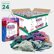 Multi-color washed T-shirt rags from Wiping Hub, soft fabric, ideal for cleaning and wiping tasks, shown in a master carton.