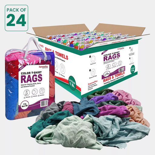 Multi-color washed T-shirt rags from Wiping Hub, soft fabric, ideal for cleaning and wiping tasks, shown in a master carton.