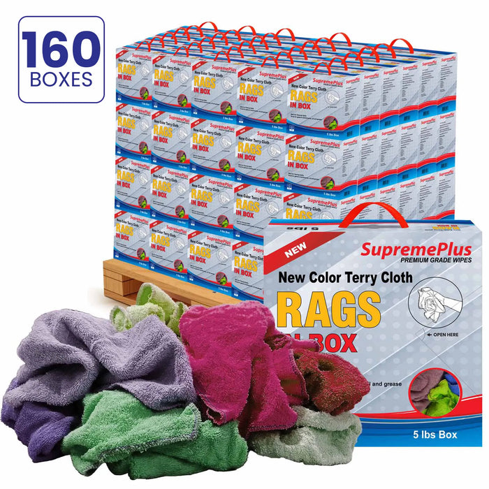 Bulk Color Terry Towel Cleaning Rags – 800 lbs. Pallet – 160 x 5 lbs. Compressed Boxes - Wiping Hub