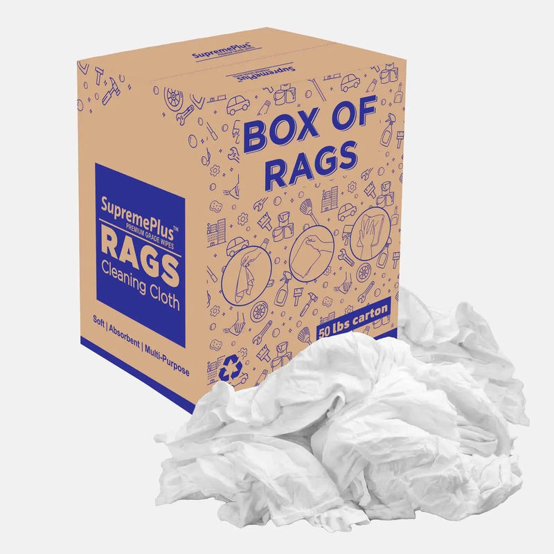 New Medium Weight White Knit T-Shirt Cleaning Rags - 50 lbs Box - Wiping Hub