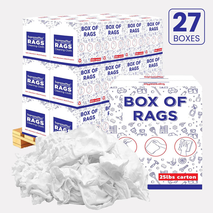 New Medium Weight White Knit T-Shirt Cleaning Rags - 675 lbs Pallet - 27 x 25 lbs Boxes - Wiping Hub