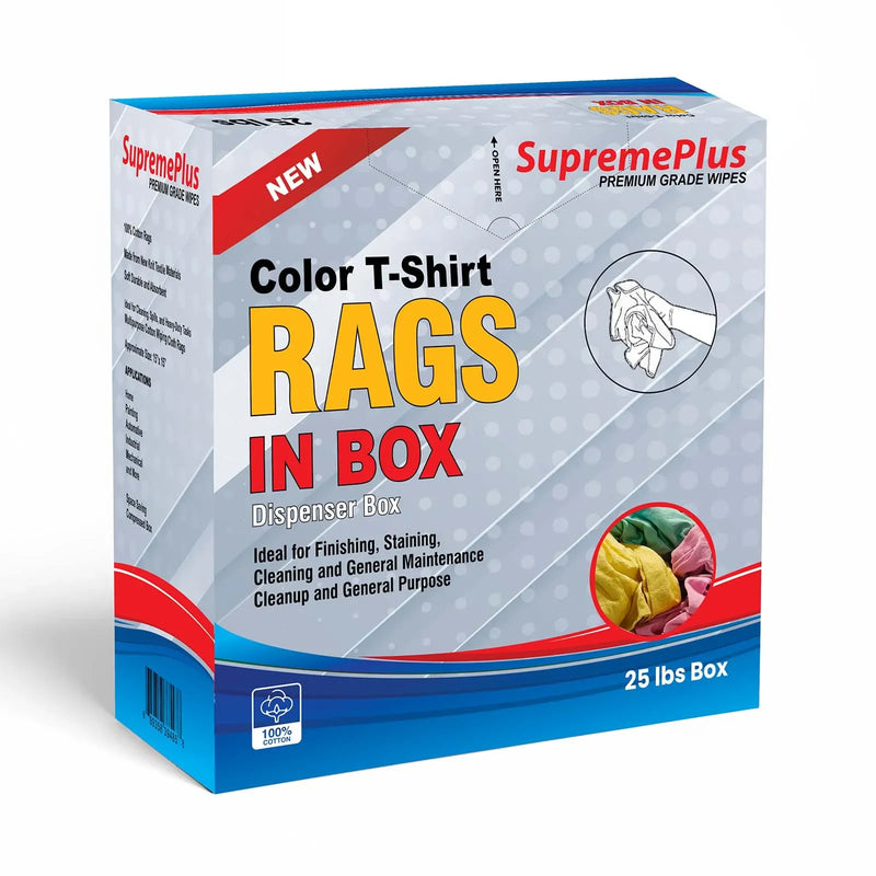 Assorted multi-color washed T-shirt rags on a pallet, compressed in 40 boxes, ideal for cleaning and industrial use.