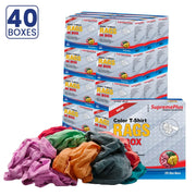 New multi-color washed T-shirt rags from Wiping Hub on a pallet, 40 boxes of 25 lbs each, ideal for cleaning and wiping tasks.
