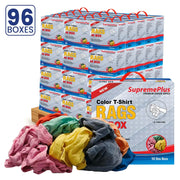 New multi-color washed T-shirt rags from Wiping Hub, 960 lbs pallet with 96 compressed boxes of 10 lbs each, ideal for cleaning.