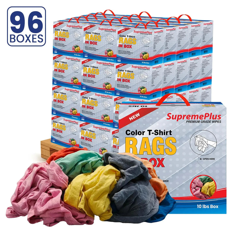 New multi-color washed T-shirt rags from Wiping Hub, 960 lbs pallet with 96 compressed boxes of 10 lbs each, ideal for cleaning.
