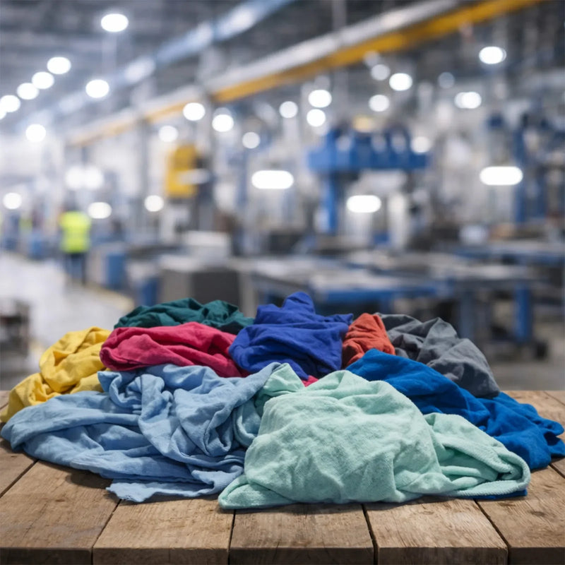 New multi-color washed T-shirt rags from Wiping Hub, stacked on pallets, showing compressed boxes of various colors and textures.