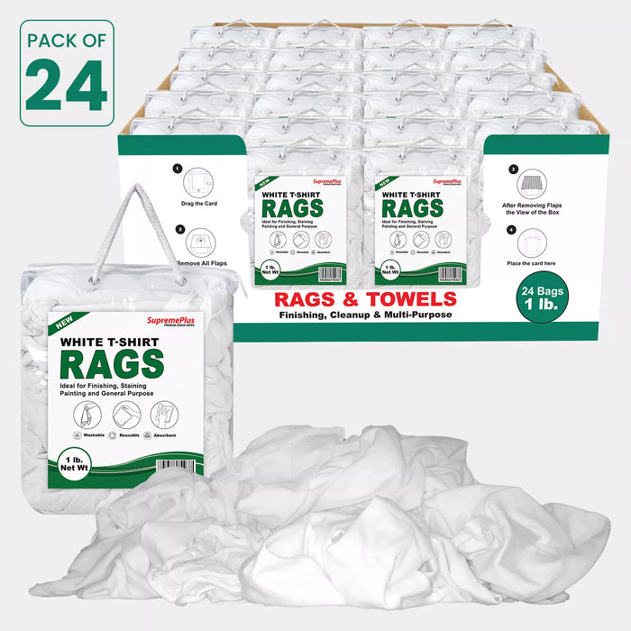 White washed T-shirt material rags from Wiping Hub, shown in a master carton, ideal for cleaning and industrial use.