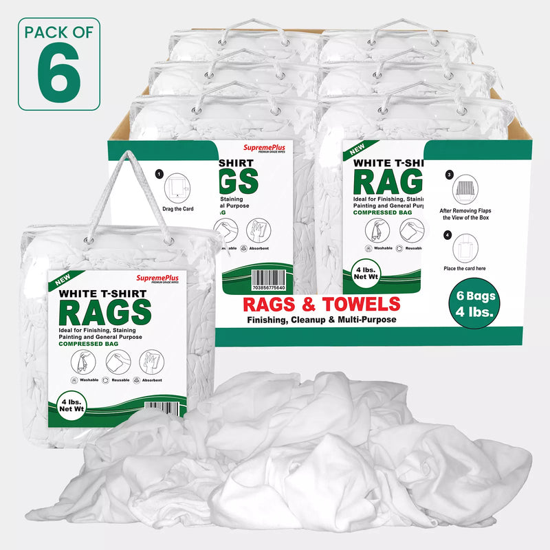 White washed T-shirt material rags from Wiping Hub, shown in a master carton with 4 lbs weight, ideal for cleaning and wiping tasks.