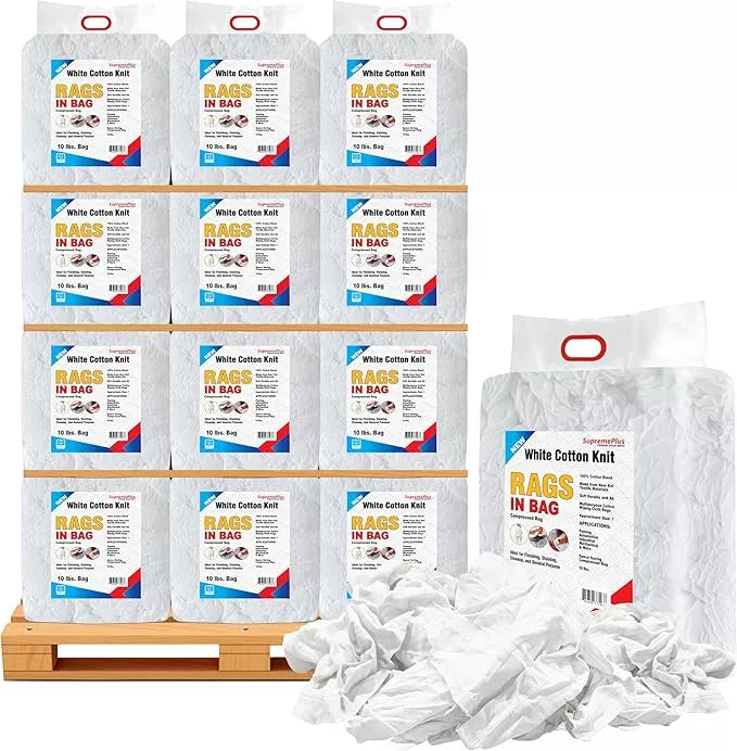 White washed T-shirt material rags from Wiping Hub, 25 lb pallet of premium knit fabric for cleaning and industrial use.
