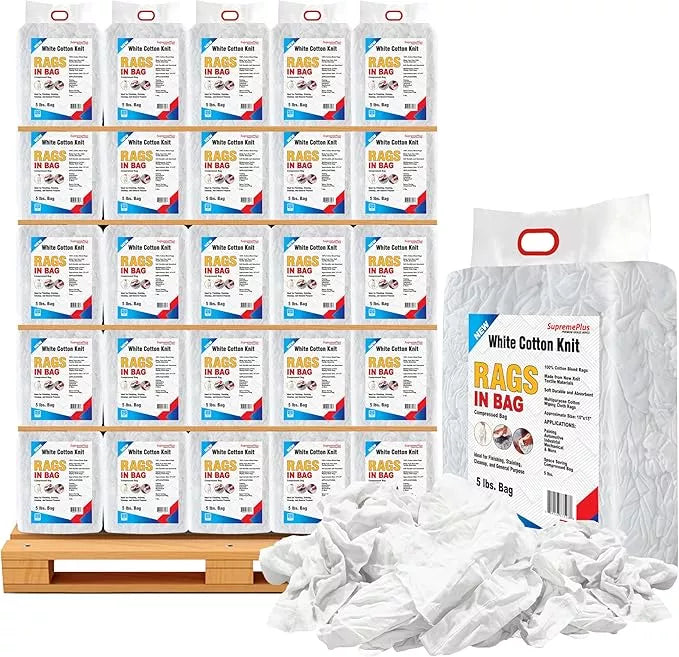 White washed T-shirt material rags in a 5-pound bag, suitable for cleaning and wiping, from Wiping Hub.