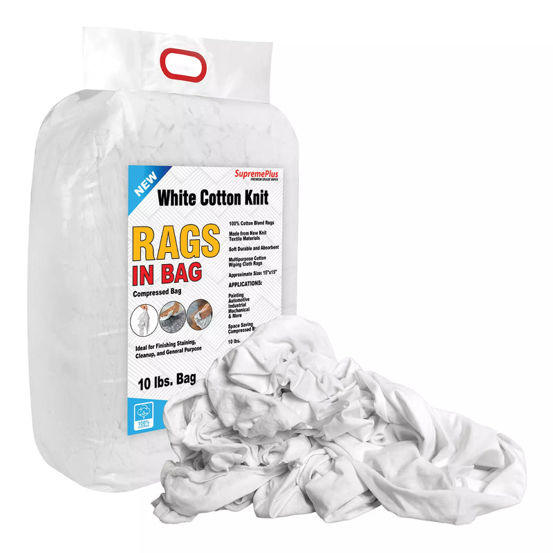 White washed T-shirt material rags in a 10-pound bag from Wiping Hub, ideal for cleaning and industrial uses.