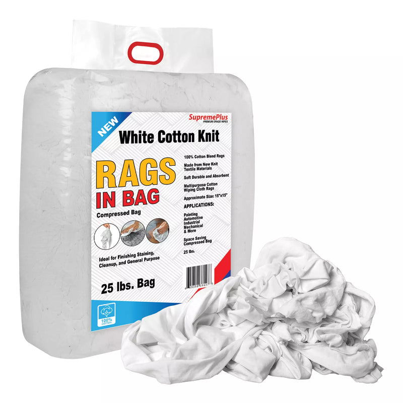 White washed cotton T-shirt material rags in a 25 lb bag from Wiping Hub, ideal for cleaning and industrial use.