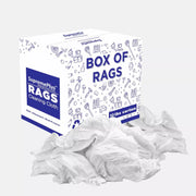 White washed T-shirt material rags in a 10lb box from Wiping Hub, ideal for cleaning and industrial use.