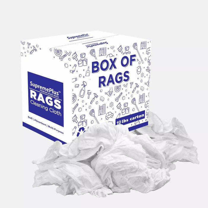 White washed T-shirt material rags in a 10lb box from Wiping Hub, ideal for cleaning and industrial use.