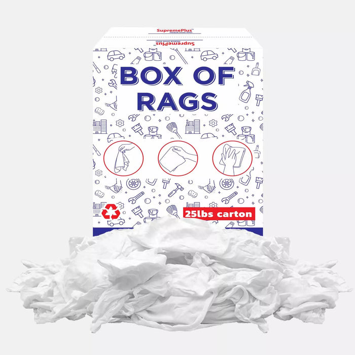 White washed T-shirt material rags in a box, 25 lbs, by Wiping Hub, perfect for cleaning and industrial use.