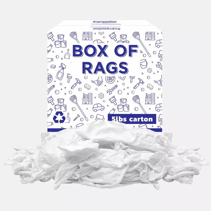 White washed T-shirt material rags, premium quality, 5 lbs, suitable for cleaning and wiping, from Wiping Hub.