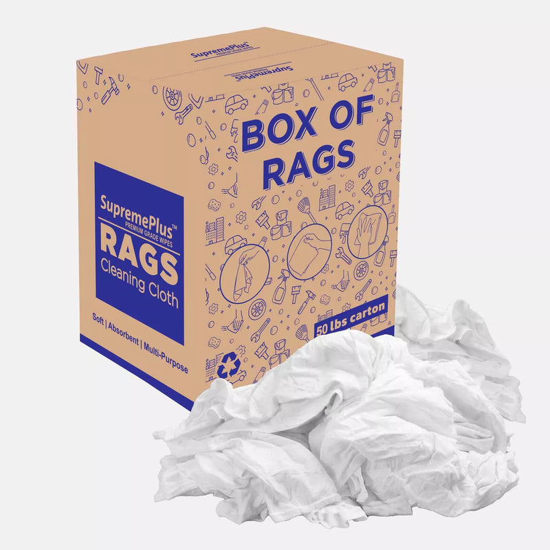 White washed T-shirt material rags from Wiping Hub, 50 lbs, soft, durable cleaning cloths for industrial and household use.