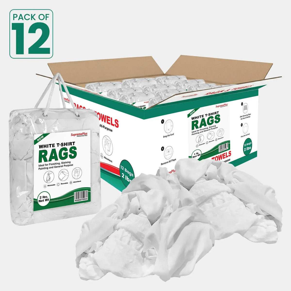 New Premium White Washed T-shirt Rags - 2 lbs. Bag - Pack of 12 ...