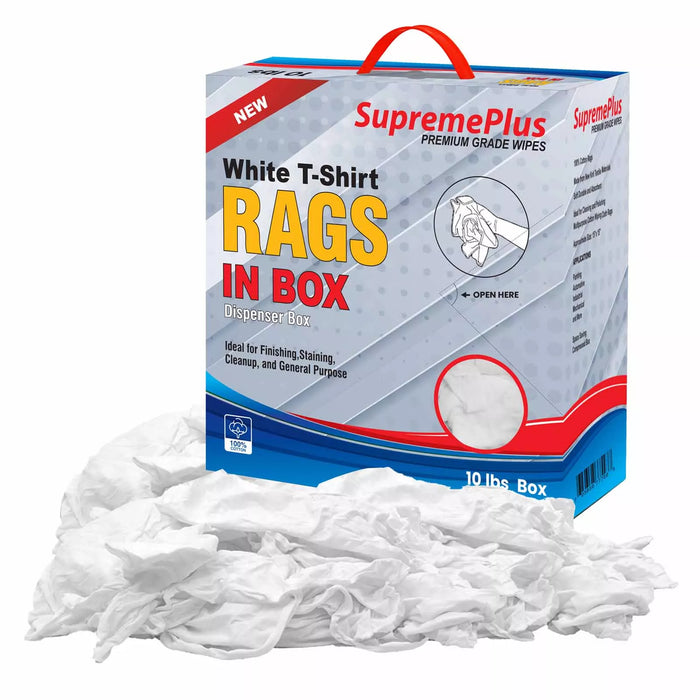 White washed T-shirt material rags from Wiping Hub, compressed 10lb box, ideal for cleaning and industrial use