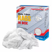 White washed T-shirt material rags from Wiping Hub, 25 lbs, compressed box, ideal for cleaning and industrial use.
