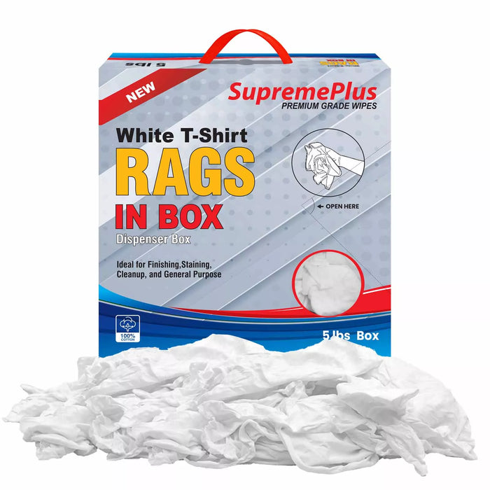 White washed T-shirt material rags in a compressed box, 5lbs, by Wiping Hub, ideal for cleaning and wiping tasks.