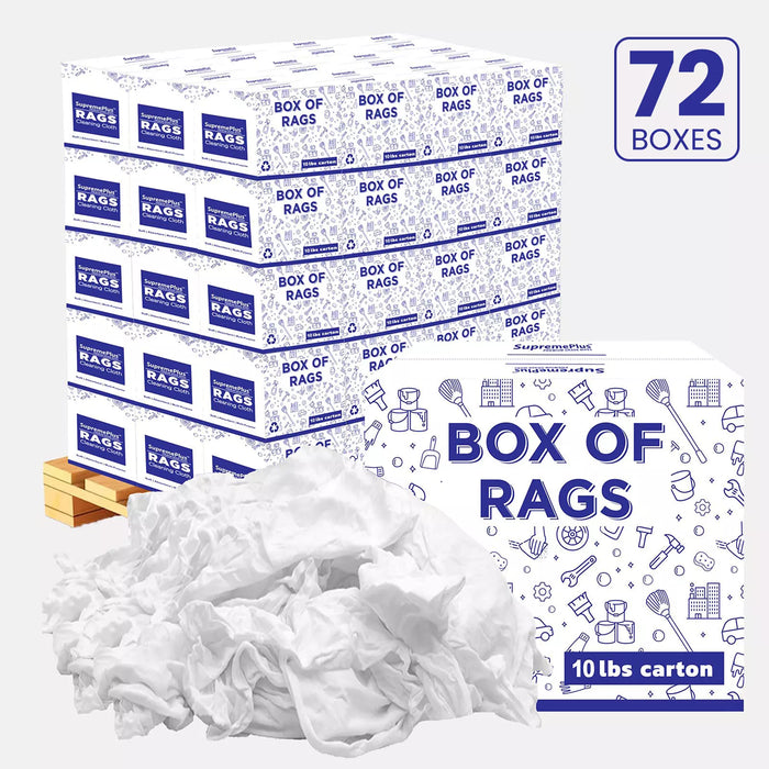White washed T-shirt material rags from Wiping Hub, 10lb pallet box, ideal for cleaning and industrial use, textured fabric in image.