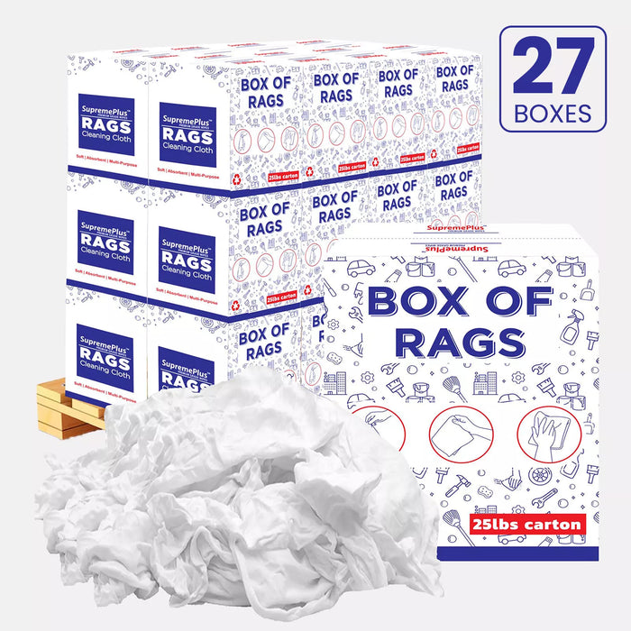 White washed T-shirt material rags from Wiping Hub, 25 lbs, ideal for cleaning and industrial use, shown in a pallet box.