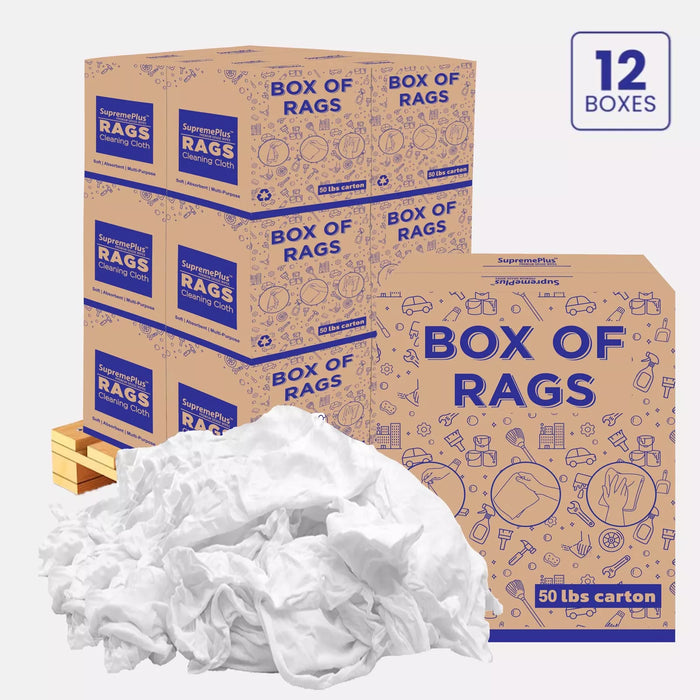 White washed T-shirt material rags from Wiping Hub, 50lbs pallet box, ideal for cleaning and industrial uses.